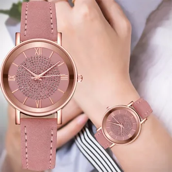 Luksuzni lady oglejte si Romantično nebo gledal Kristalno usnje Quartz ure Gledam iz Nerjavečega Jekla gumb za Izbiranje Priložnostne Bracele Watch zegarek 2020