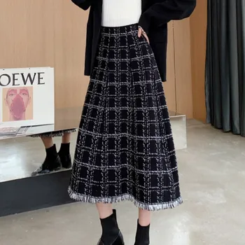 Nova moda kariran tassel dolgo tweed krila 2020 Letnik Jeseni žensk ženske visoko pasu Tweed krilo Femininas