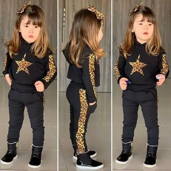 2020 NOVE Vroče Otroci Baby Dekle Kapuco Leopard Vrh Pulover, Hlače, Hlače, Bombaž Obleko Oblačila, ki