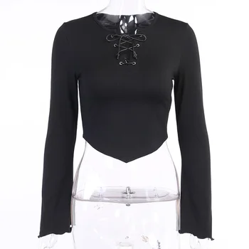 Gothblack Seksi Žensk Flare Long Sleeve Solid Color Obreži Zgoraj Gothic Slim Čipke Votlih Iz Priložnostne Tshirt Ženske Ulične Vrh
