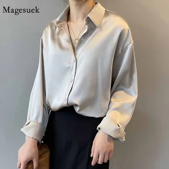 Svila Korejski Urad Elegantne Dame Majica Bluzo Ženske Mode Gumb Gor Saten Majica Letnik Bele Majice Z Dolgimi Rokavi Vrhovi 11355