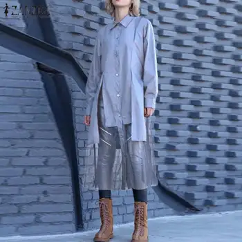 ZANZEA Moda za Ženske Gumb Navzdol Bluzo Mozaik Čipke Srajce 2021 Pomlad Bombaž Perilo Dolgo Vrhovi Stilsko Blusas Tunika Plus Velikost