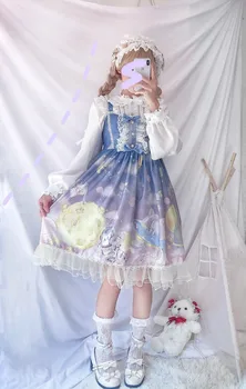 Japonski Kawaii Lolita Obleko Flouncing Čipke Trim Lolita OP Obleko Za Ženske Gotike Risanka Dolg Rokav Princesa čajanka Obleke