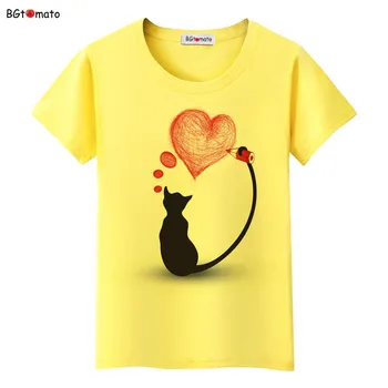 BGtomato Black cat roza ljubezen majica s kratkimi rokavi ženske ljubezenska zgodba Literature in umetnosti srajce Dobre kakovosti blagovne znamke oblačila, casual vrhovi