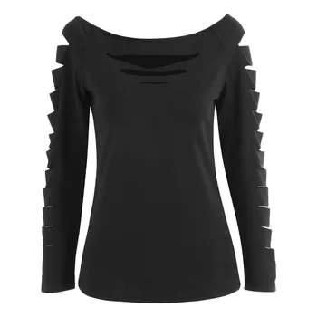 Wipalo Izrežemo Rokav Čoln Vratu Navaden T-Shirt Solid Black T-Shirt Vrh Ženske Oblačila 2018 Jeseni Dolg Rokav Priložnostne Tees Vrhovi