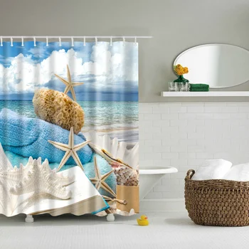 Novo ocean beach shell 3d kopel, tuš zavese dekor nepremočljiva tkanine iz poliestra stroj kopalnica tuš zavesa nastavite s kavlji