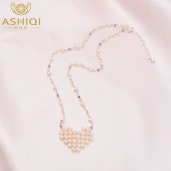 ASHIQI 925 Sterling Srebro Sladkovodnih Biserov srce ogrlico Naravni kristal, Ročno izdelan Nakit za ženske Najboljše darilo