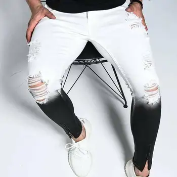 Moda za Moške Suh Stretch Raztrgala Moški Kavbojke Slim Fit Traper Hlače Ulične Gradient Belo Črne Skinny Jeans Moške#r