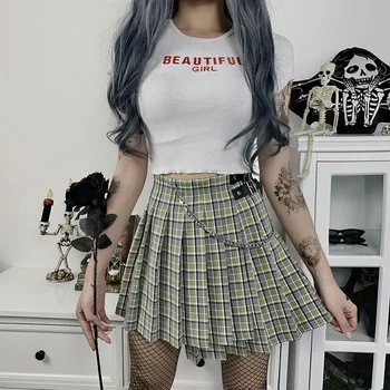 Harajuku Zelena Kariran Ženske Punk Goth Preppy Visoko Pasu z Verigo Mini Ulične Grunge korejski Naguban Dekleta