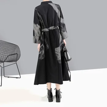 Johnature 2021 Nova High Street Svoboden Japonski Letnik Rokavi Ženske Obleke Jeseni Visoko Pasu Sashes Nezakonitih Tiskanje-line Oblačenja