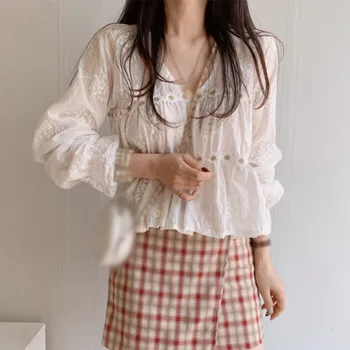 Elegantna Votel, Proti-vrat Bluzo korejski Moda Cvet Bluze za Ženske Pomlad Jesen Long Sleeve Majica Vrhovi