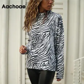 Aachoae 2020 Zebra Print Womens Vrhovi In Bluze Priložnostne Srajco Pleteno Stojalo Ovratnik, Dolgi Rokavi Ženske Bluzo Vrh Blusa Mujer