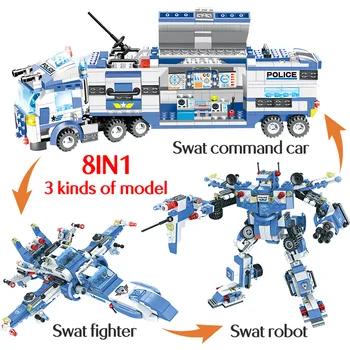 8 V 1 Igrača Za Otroke, Fantje SWAT Mesto Mobilne Policijske Postaje Tovornjak Robotsko Oklep gradniki Policija Številke Opeke