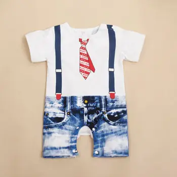 Lep Kravato Vzorec Denim Kratke rokav Romper za Baby Boy Summer Jumpsuit