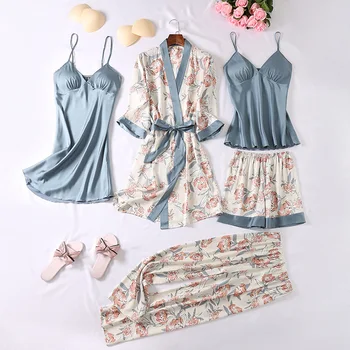 Tiskanje Cvet Ženske 5PCS Pižamo Nastavite Sleepwear Svilnato Saten Nightgown Kimono Plašč Priložnostne Pižame Domov Oblačila Mehak kopalni plašč